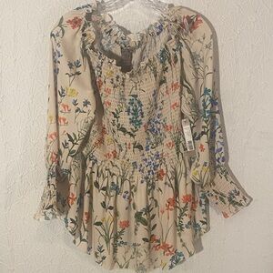Sharon Young Cream Moody Floral Smocked Peasant Blouse Bohemian Mystical Flowy